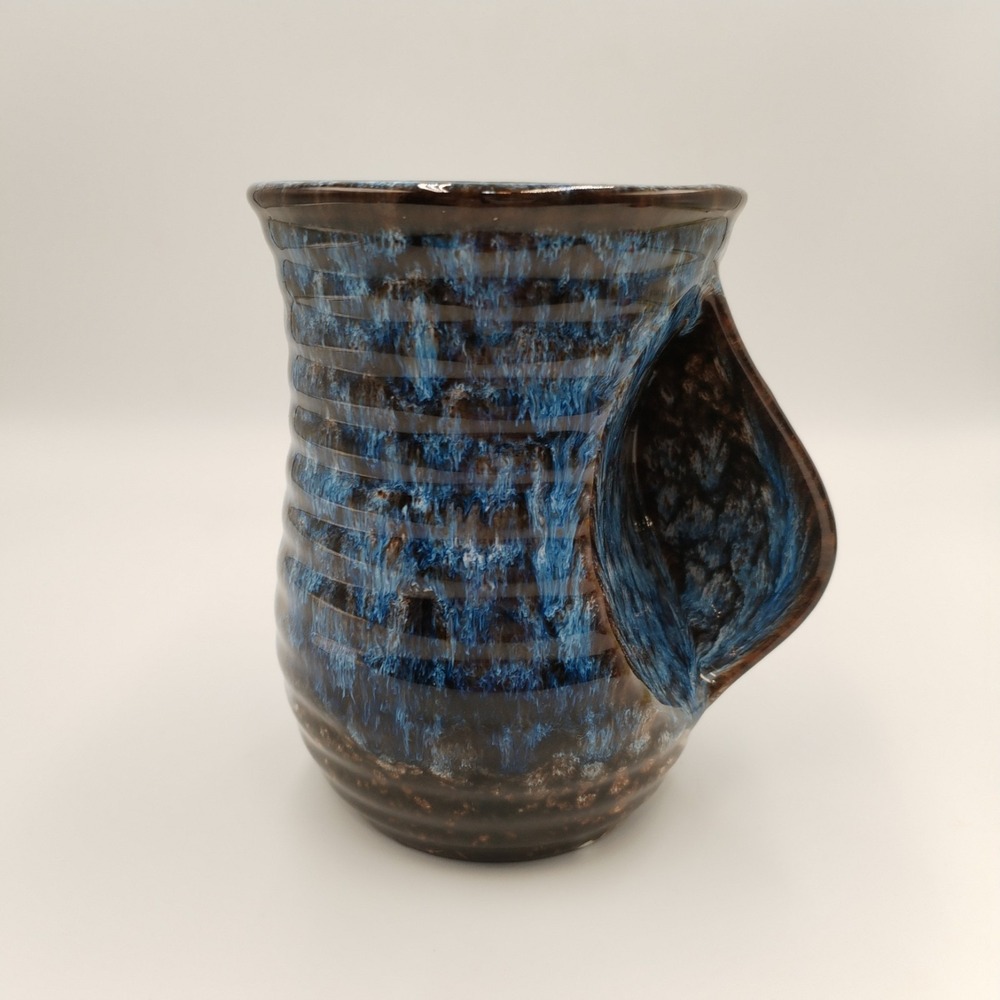 Vintage Studio Pottery Hand Pocket Mug Blue Brown Drip Glaze Thumb Rest 5.5 Inch